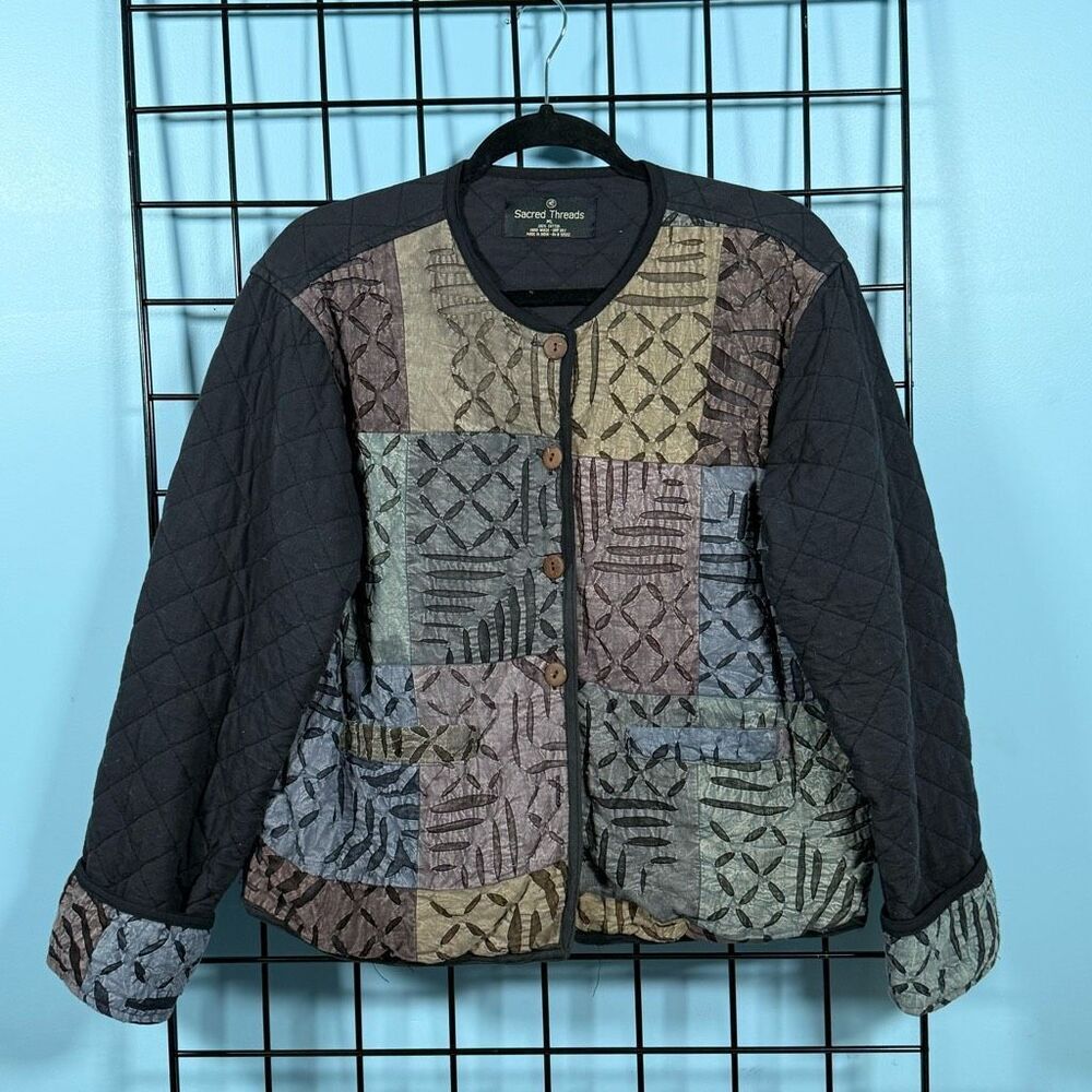 Vintage Sacred Threads Quilted Patchwork Button‎ Front Jacket Womens ML Black